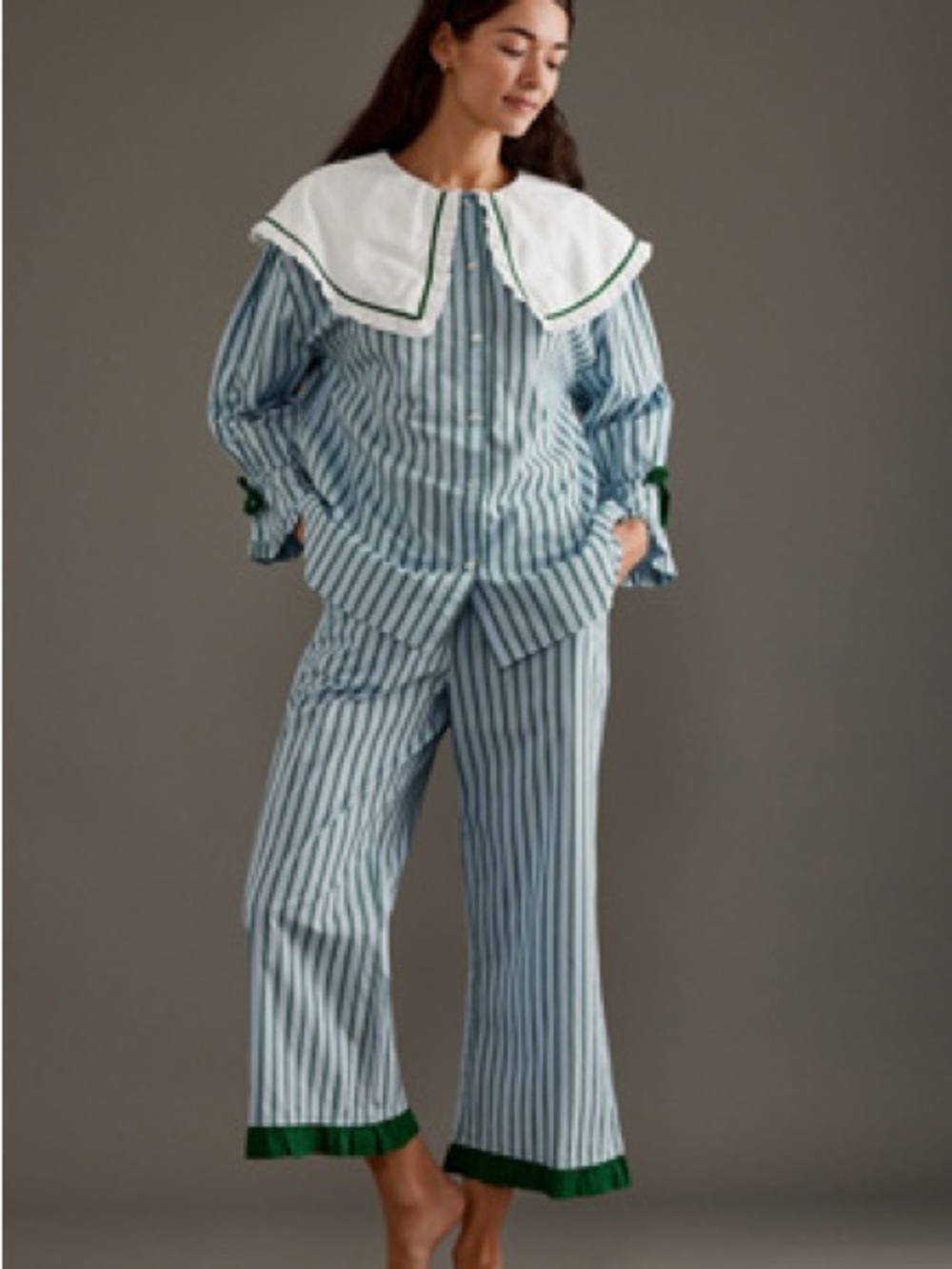 Women's Blue & White Striped Pajama Set with Green Trim